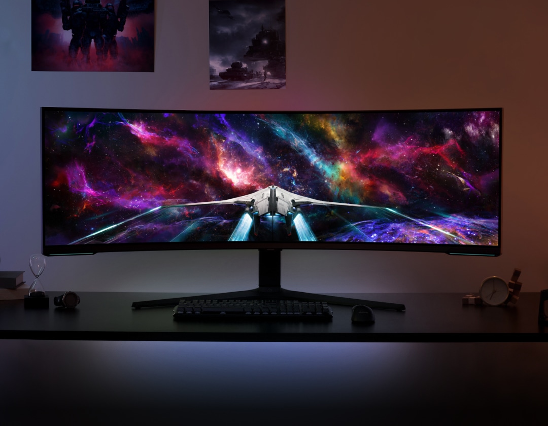 The Odyssey Neo sits on a desk, with a spaceship flying off into space on screen. Above the monitor is a badge for the CES Innovation Awards, naming the Odyssey Neo a 2023 Best of Innovation winner.