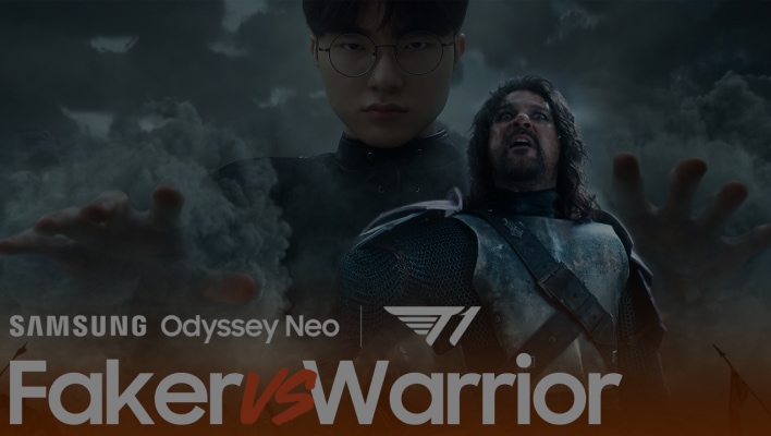 A warrior stands in front of a member of T1 esports team. Text reads 'Faker vs Warrior.'
