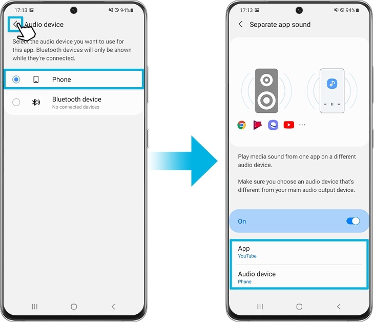 Useful audio settings on the Galaxy phone including Separate app sound