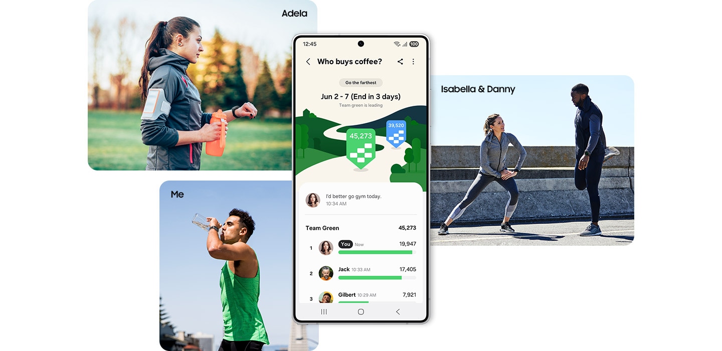 Smartphone Galaxy zobrazuje skupinovou výzvu Kdo si koupí kávu. Kolem smartphonu jsou zobrazeni cvičící lidé. Vidíme ženu jménem Adéla, která má na ruce chytré hodinky a běží, přičemž drží oranžovou láhev s vodou. Protahující se muž a žena se jmény Isabella a Danny jsou zobrazení s chytrými hodinkami. Muž, který se zúčastňuje skupinové výzvy označený jako Já, má na ruce chytré hodinky a pije vodu z láhve.