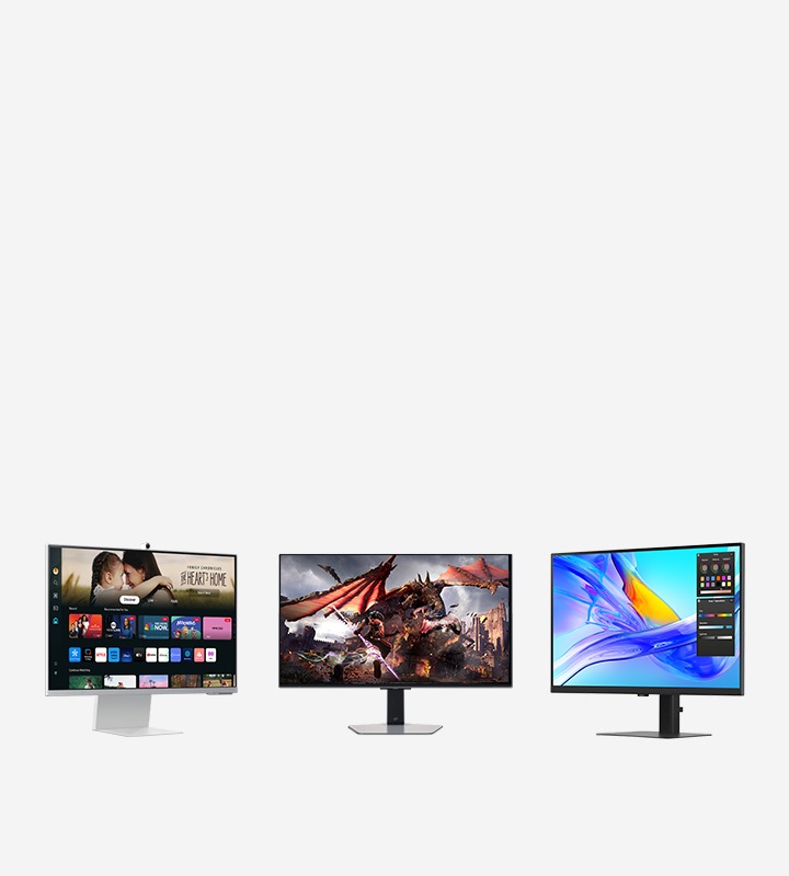 Našedom pozadí sú umiestnené tri produktové obrázky nových monitorov. Smart Monitor, Oddysey, ViewFinity.