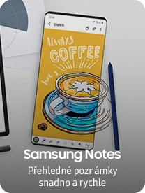 A Samsung Smartphone with the S Pen next to it, displays a coffee graphic on the screen to show off Samsung’s Note feature.