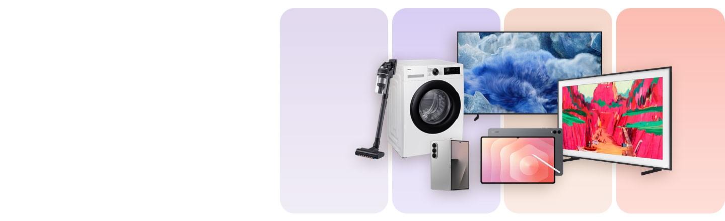 Na obrázku je kolekce různých elektronických zařízení značky Samsung – pračka, televizor, chytrý telefon, monitor, sluchátka a další – se zvýrazněnou oranžovou značkou s textem „sleva -30 %“.