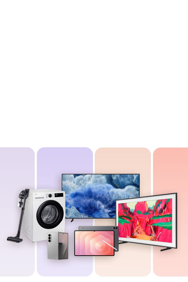 Na obrázku je kolekce různých elektronických zařízení značky Samsung – pračka, televizor, chytrý telefon, monitor, sluchátka a další – se zvýrazněnou oranžovou značkou s textem „sleva -30 %“.