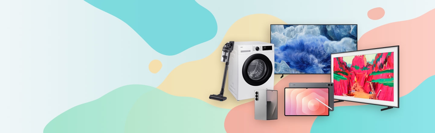 Na obrázku je kolekce různých elektronických zařízení značky Samsung – pračka, televizor, chytrý telefon, monitor, sluchátka a další – se zvýrazněnou oranžovou značkou s textem „sleva -30 %“.
