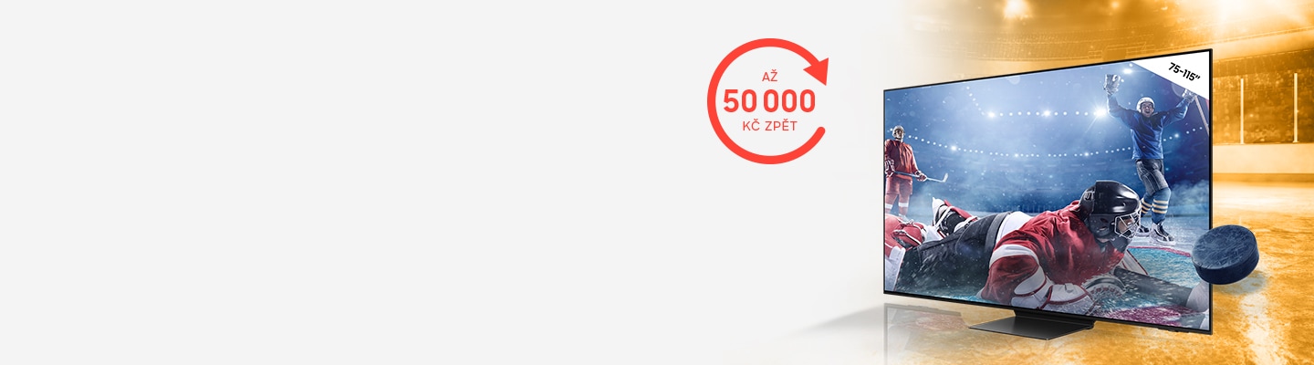 Na obrázku je hokejista vyjíždějící z obrazovky televize a promo cashback akce na televize s možností získat až 50 000 Kč zpět.