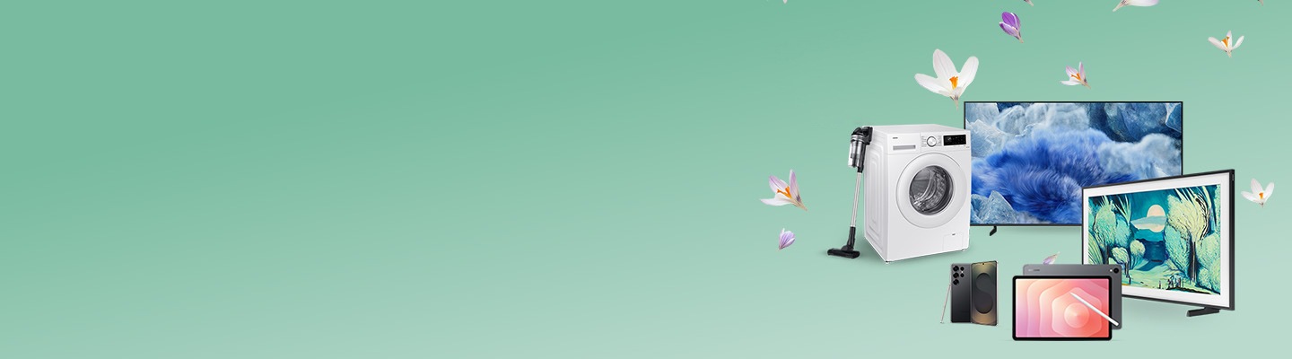 Na obrázku je kolekce různých elektronických zařízení značky Samsung – pračka, televizor, chytrý telefon, monitor, sluchátka a další – se zvýrazněnou oranžovou značkou s textem „sleva -30 %“.