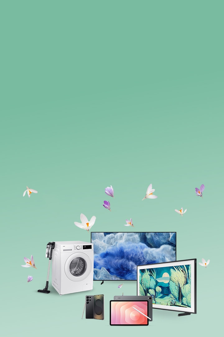 Na obrázku je kolekce různých elektronických zařízení značky Samsung – pračka, televizor, chytrý telefon, monitor, sluchátka a další – se zvýrazněnou oranžovou značkou s textem „sleva -30 %“.