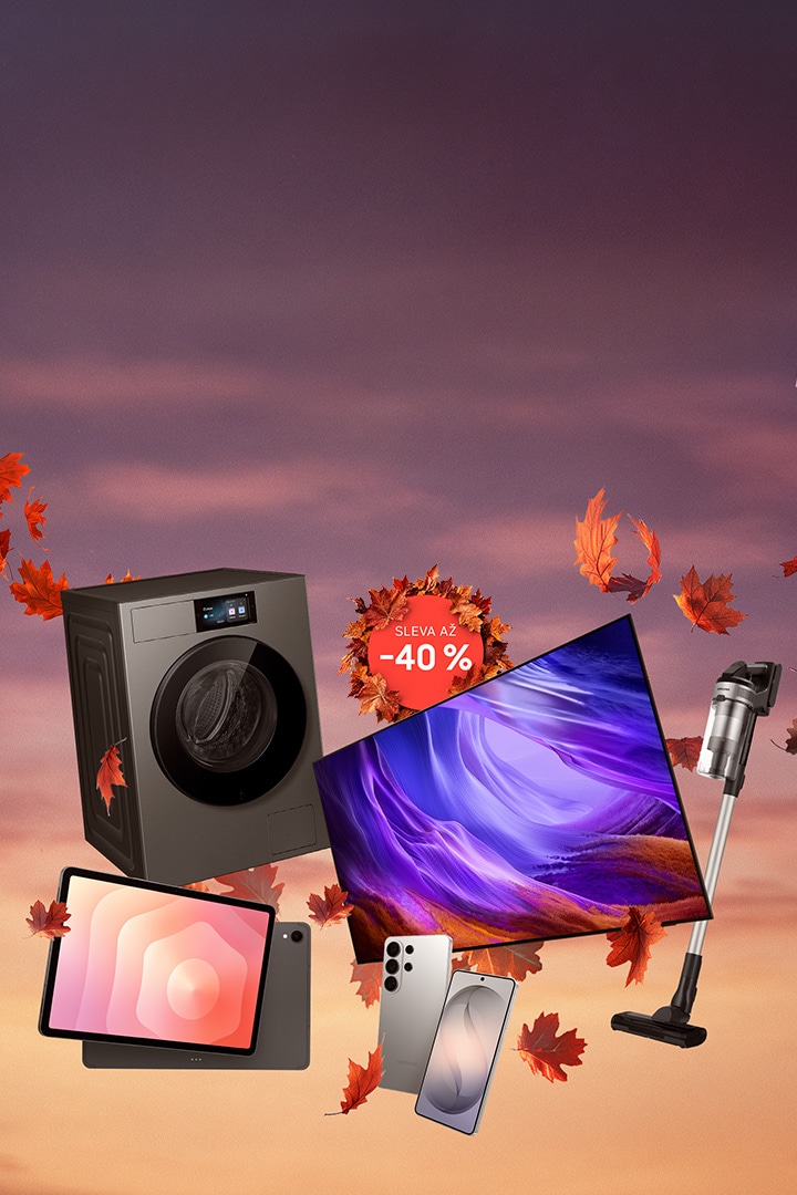 Na obrázku je kolekce různých elektronických zařízení značky Samsung – pračka, televizor, chytrý telefon, monitor, sluchátka a další – se zvýrazněnou oranžovou značkou s textem „sleva -30 %“.