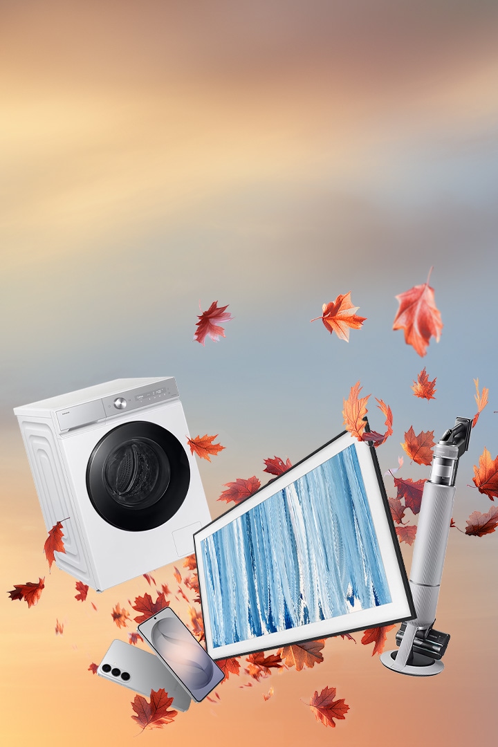 Na obrázku je kolekce různých elektronických zařízení značky Samsung – pračka, televizor, chytrý telefon, monitor, sluchátka a další – se zvýrazněnou oranžovou značkou s textem „sleva -30 %“.