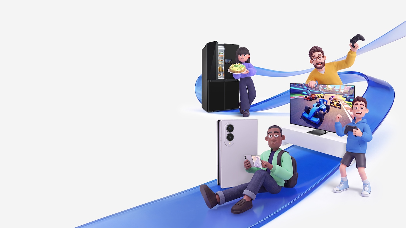 Illustration mit vier Personen, die verschiedene digitale Technologien nutzen. Eine Person steht an einem Automaten  und halt einen Teller mit Essen, eine weitere halt ein Smartphone, eine dritte sitzt vor einem Monitor mit einem Rennspiel, und eine vierte halt ein Smartphone in der Hand. Die Personen sidn von einem geschwungenen blauen Band umgeben, das die verschiedenen Szenen miteinander verbindet.