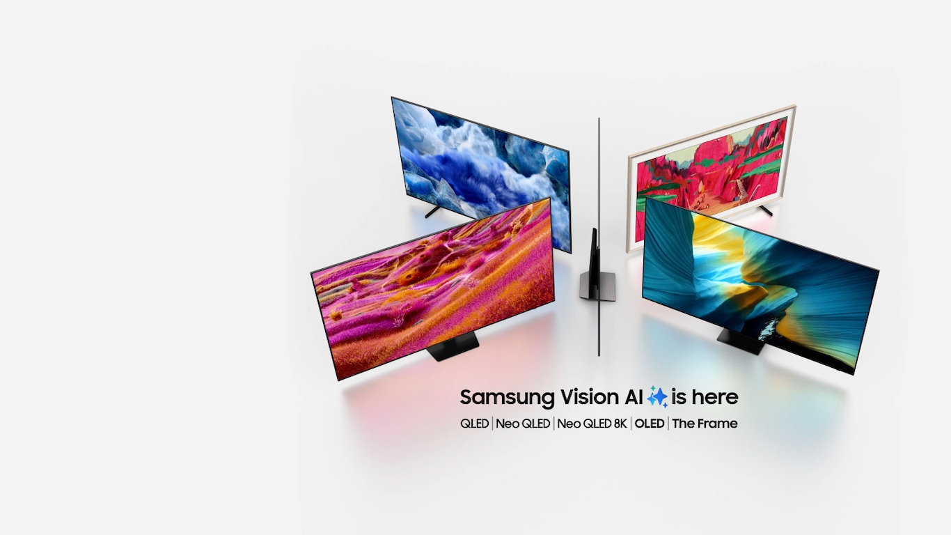 Ein leerer Fernseher steht allein. Ein lebendiges blaues abstraktes Landschaftsbild erscheint auf dem Bildschirm. Der Fernseher bewegt sich plötzlich, um eine zentrale Position einzunehmen, umgeben von vier anderen Fernsehmodellen. Der Text darunter lautet: Samsung Vision AI ist hier. QLED, Neo QLED, Neo QLED 8K, OLED und The Frame.