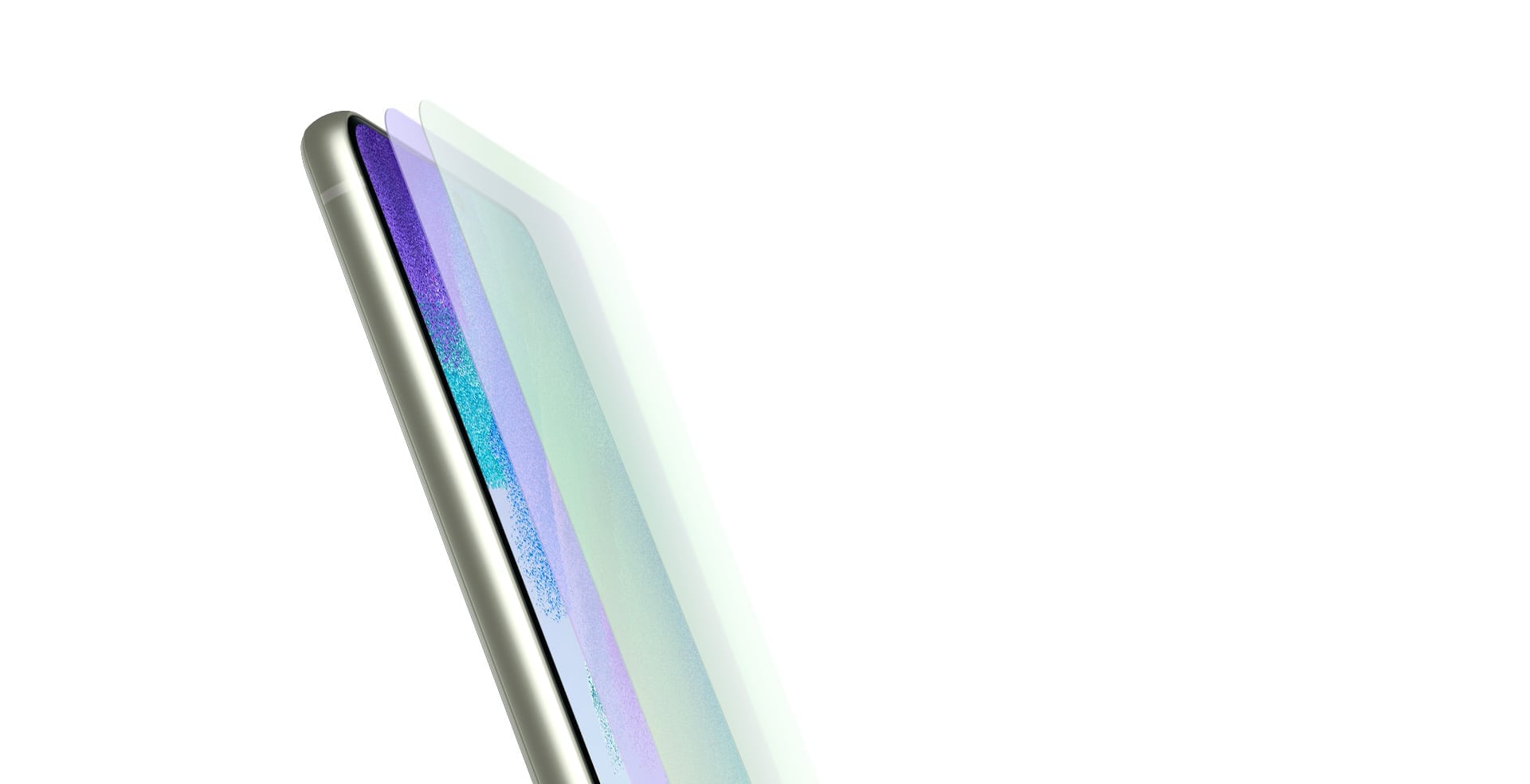 Galaxy S21 FE 5G von der Seite gesehen, mit zwei Schichten, die über dem Display schweben und die Haltbarkeit des Frontglases zeigen.