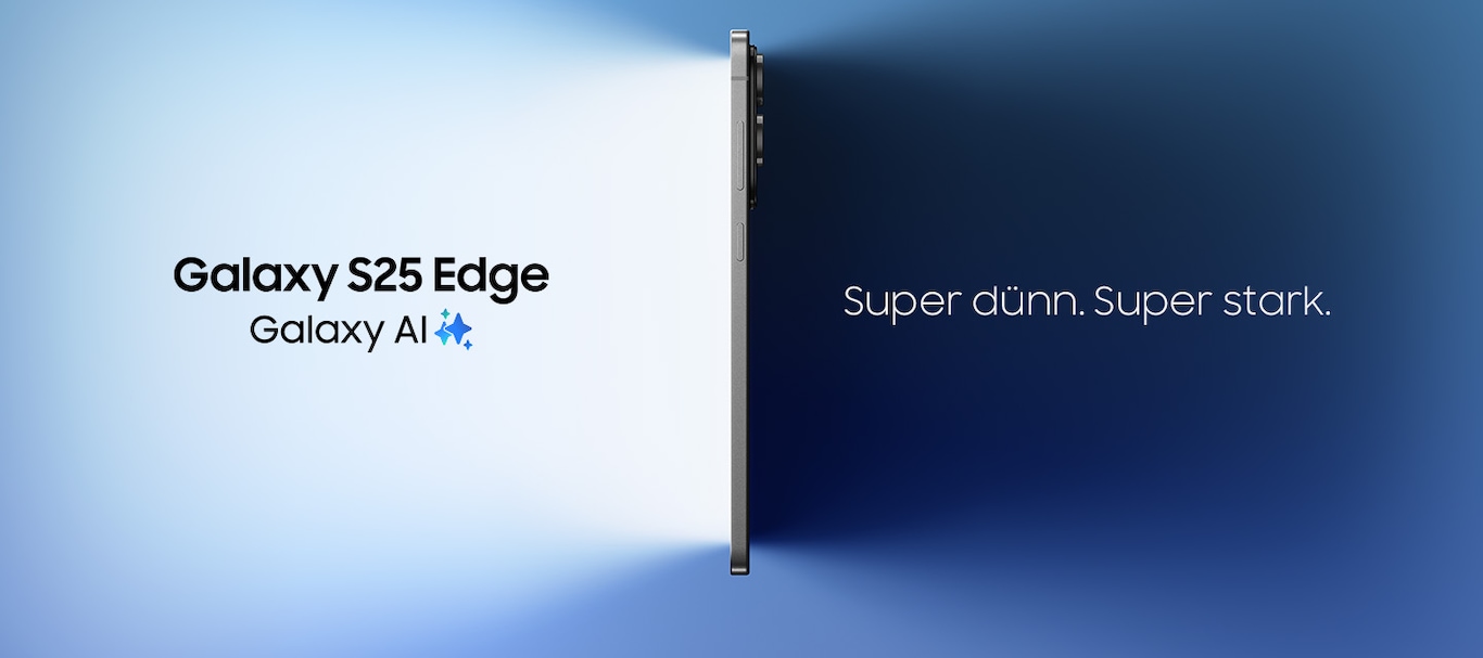 Das Galaxy S25 Edge von der Seite der Funktionstaste aus gesehen. Galaxy AI Super dünn. Super stark.