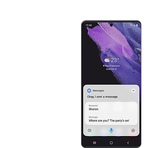 Een Galaxy-scherm toont een sms-bericht dat naar Sharon wordt gestuurd met behulp van Bixby's bedieningsfuncties, met de tekst "Waar ben je? Het feest is begonnen!".