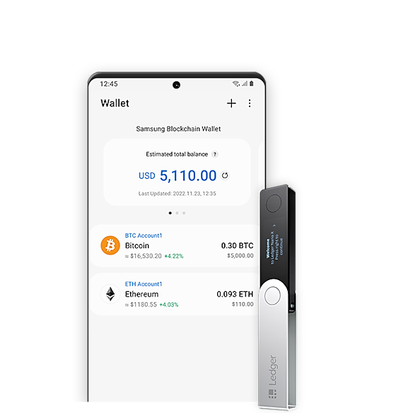 Eine Simulation der grafischen Benutzeroberfläche der Samsung Blockchain-Wallet-App, die einen Überblick über Guthaben in Bitcoin und Ethereum anzeigt.