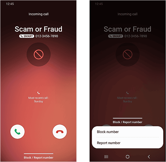 Ein Screenshot zeigt einen eingehenden Scam-Anruf und Optionen an, dass Benutzer*innen die Nummer blockieren oder melden können.