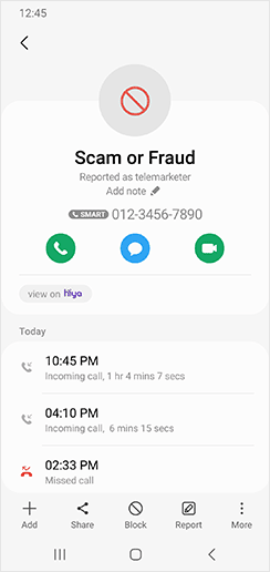 Ein Screenshot, der die als Scam erfasste Nummer und eine Liste der letzten von dieser Nummer aus getätigten Anrufe zeigt.
