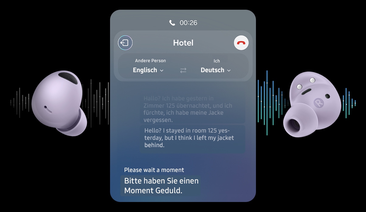 Ein Paar Galaxy Buds2 Pro in „Bora Purple“ ist zu sehen. Zwischen den Earbuds sieht man die Benutzeroberfläche der „Live-Übersetzung“-Funktion. Im Hintergrund sind Schallwellen zu erkennen, die die Live-Übersetzung symbolisieren.