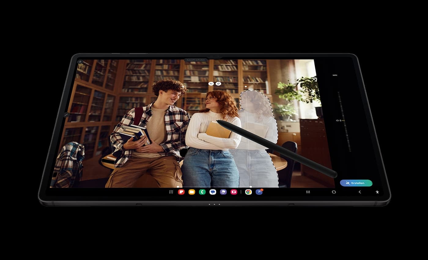 Galaxy Tab S9+ in Landscape mode with the Photo Editor app open, showing an image of two astronauts floating in space. The original image of the astronaut on the left has been selected and moved to the middle of the screen using the Photo Assist feature.