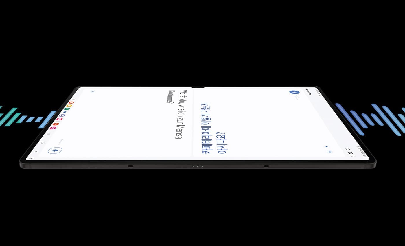 Galaxy Tab S9+ in Landscape mode with the Photo Editor app open, showing an image of two astronauts floating in space. The original image of the astronaut on the left has been selected and moved to the middle of the screen using the Photo Assist feature.