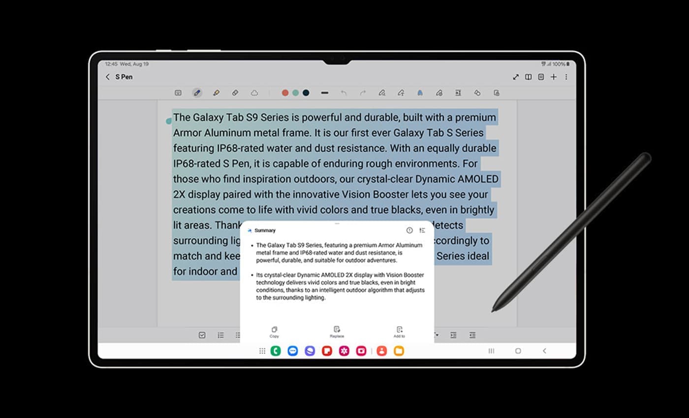 Galaxy Tab S9 Ultra in Landscape mode with the Samsung Notes app open. On the screen, is a block of text describing the Galaxy Tab S9 Series, highlighted in blue. On the pop-up, are 2 bullet points summarizing the text using the Note Assist feature with an S Pen touching the bottom of the screen.
