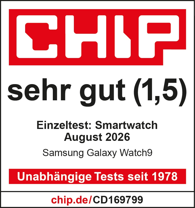 Samsung Galaxy Watch9, sehr gut, chip.de vom 13.08.2026, Einzeltest.