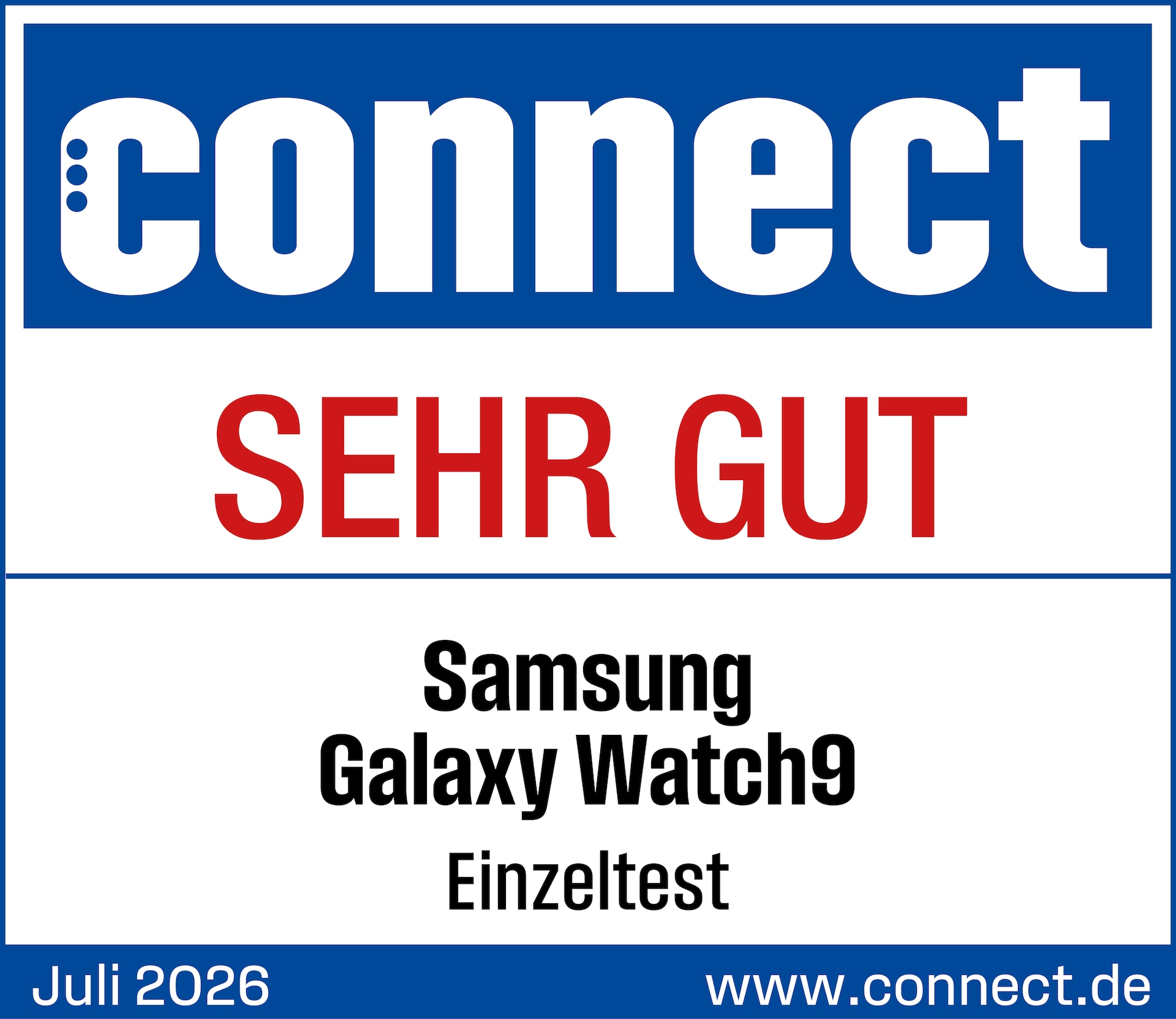 Samsung Galaxy Watch9, sehr gut, connect.de vom 31.07.2026, Einzeltest.