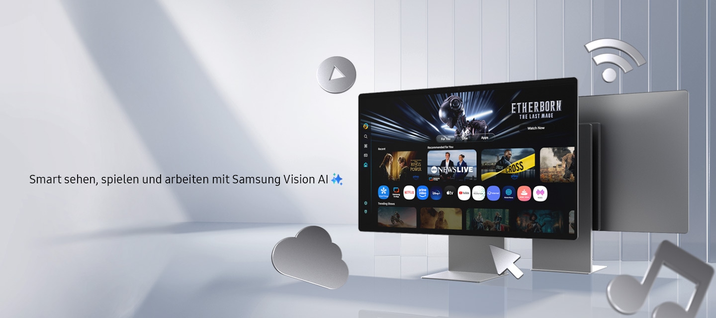 Auf einem grauen Hintergrund wird ein neuer Samsung Smart Monitor mit Vorder-und Rückseite gezeigt. Auf dem Display werden unterschiedliche Apps dargestellt, während um den Monitor herum graue Icons die Funktionen des Monitors symbolisieren.