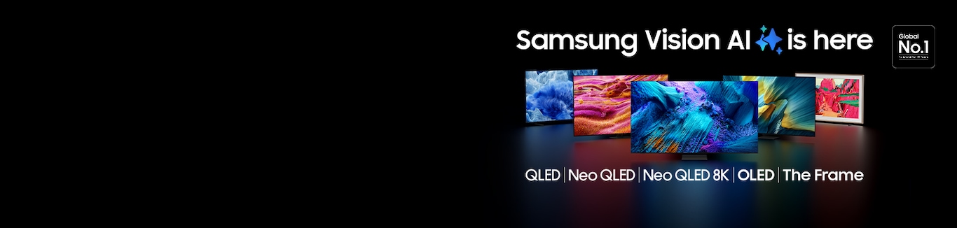Abbildung Neo QLED, Neo QLED 8K, OLED, The Frame und Q-Soundbar Geräten auf einem schwarzen Hintergrund mit dem Text „Samsung Vision AI is here“ darüber stehend. In der oberen Ecke ist ein Label mit „Golabl No.1“