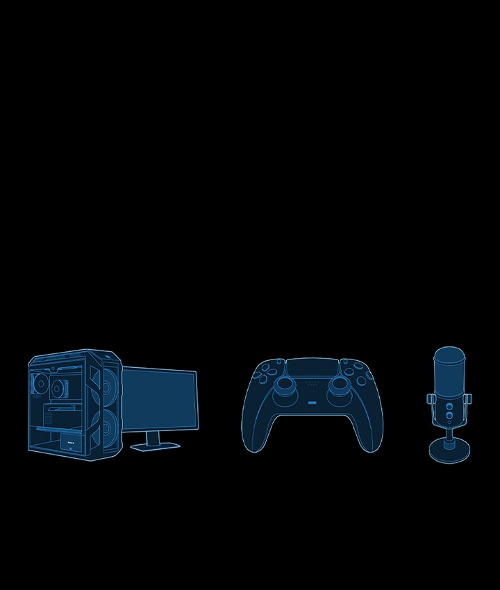 Das Bild zeigt drei Strichzeichnungen in Blau: einen Gaming-PC, eine Spielekonsole, ein Streaming-Mikrofon