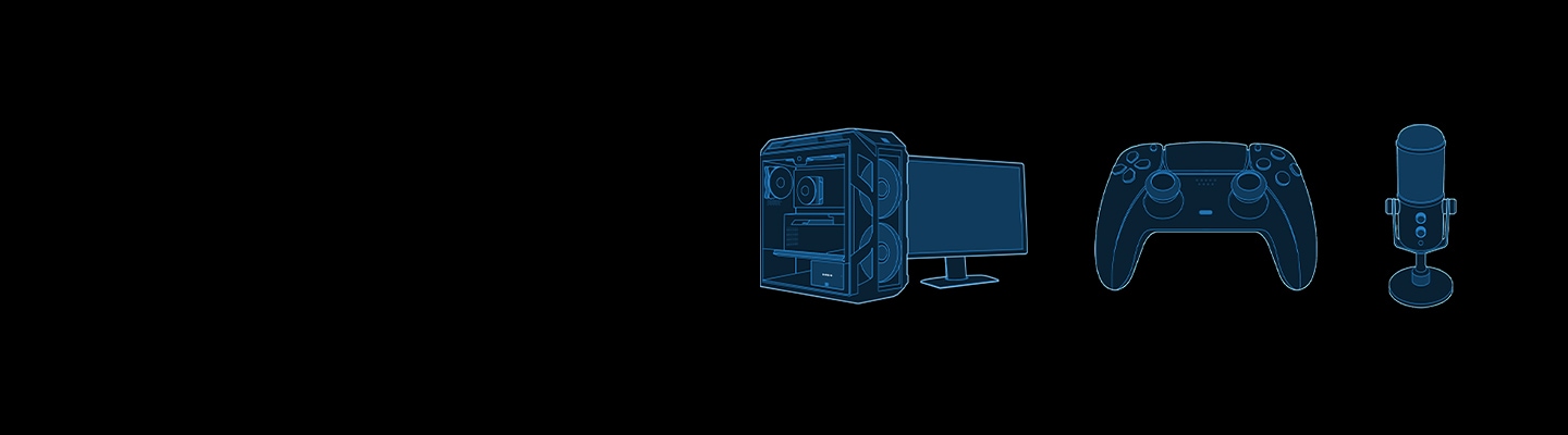 Das Bild zeigt drei Strichzeichnungen in Blau: einen Gaming-PC, eine Spielekonsole, ein Streaming-Mikrofon