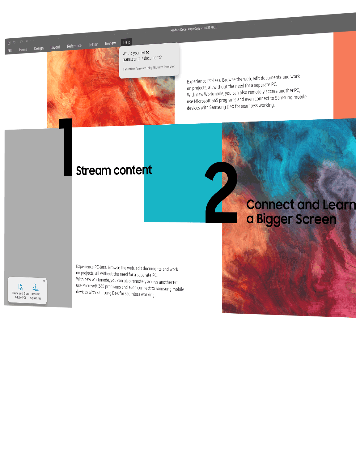 A word document is shown on the monitor screen. A document is being creating with abstract color paintings included throughout.