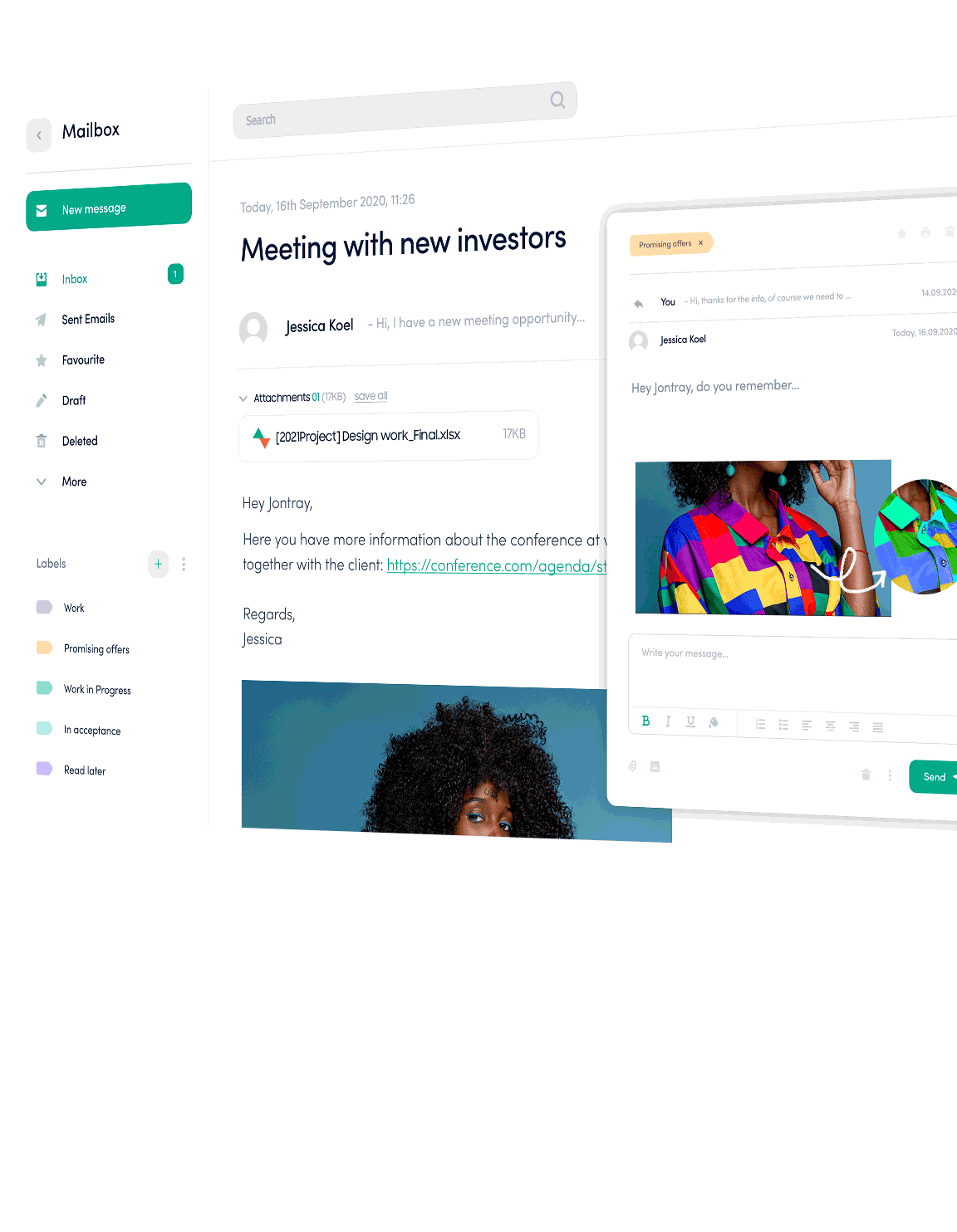 An email page is being shown. There is a pop out window of an email with a photo. The left of the page shows various folders within the application.