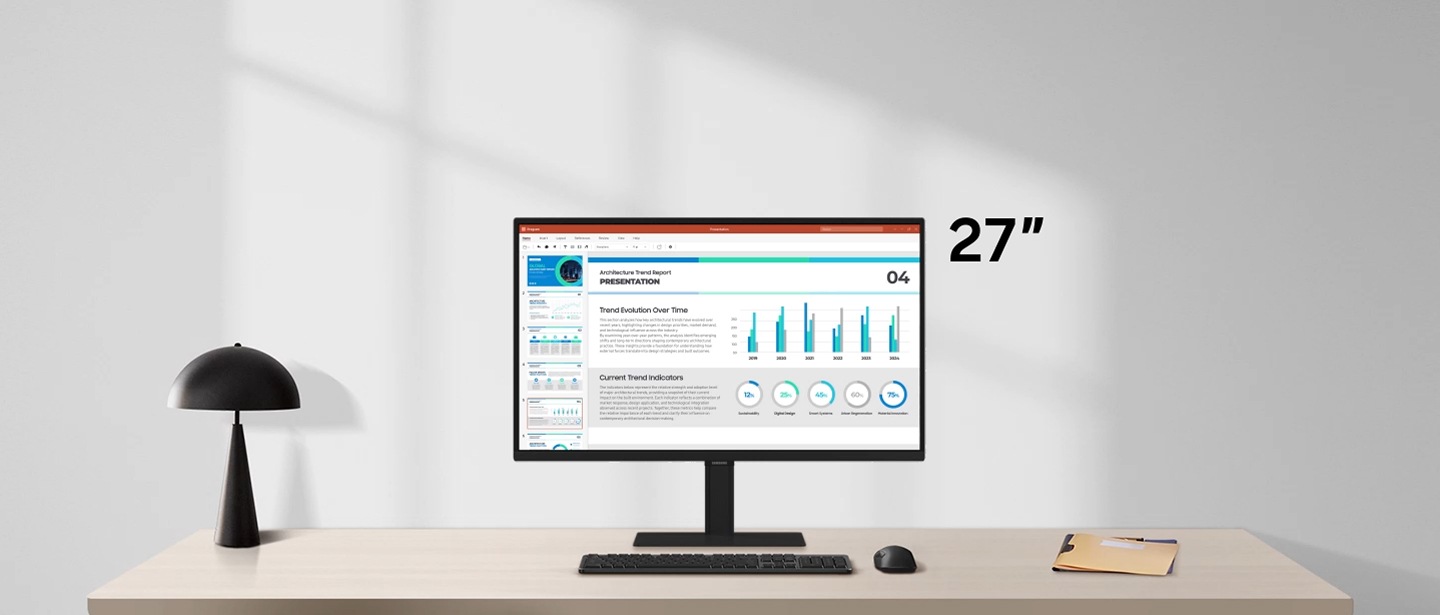Ein 27-Zoll-Display zeigt eine Präsentation. Ein 32-Zoll-Display zeigt ein zweiseitiges Word-Dokument. Ein 37-Zoll-Display zeigt eine Präsentation, ein Word-Dokument und eine Website. Ein 40-Zoll-Display zeigt ein Word-Dokument und zwei Websites. Ein 49-Zoll-Display zeigt ein Word-Dokument, zwei Websites und ein Chatfenster.