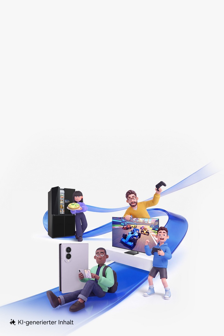 Illustration mit drei Personen, die verschiedene digitale Geräte und Medien nutzen: Eine Person sitzt an einem Smartphone, eine weitere hält ein Tablet hoch und eine dritte Person arbeitet an einem Laptop. Blaue, geschwungene Linien verbinden die Personen und symbolisieren digitale Vernetzung und Kommunikation