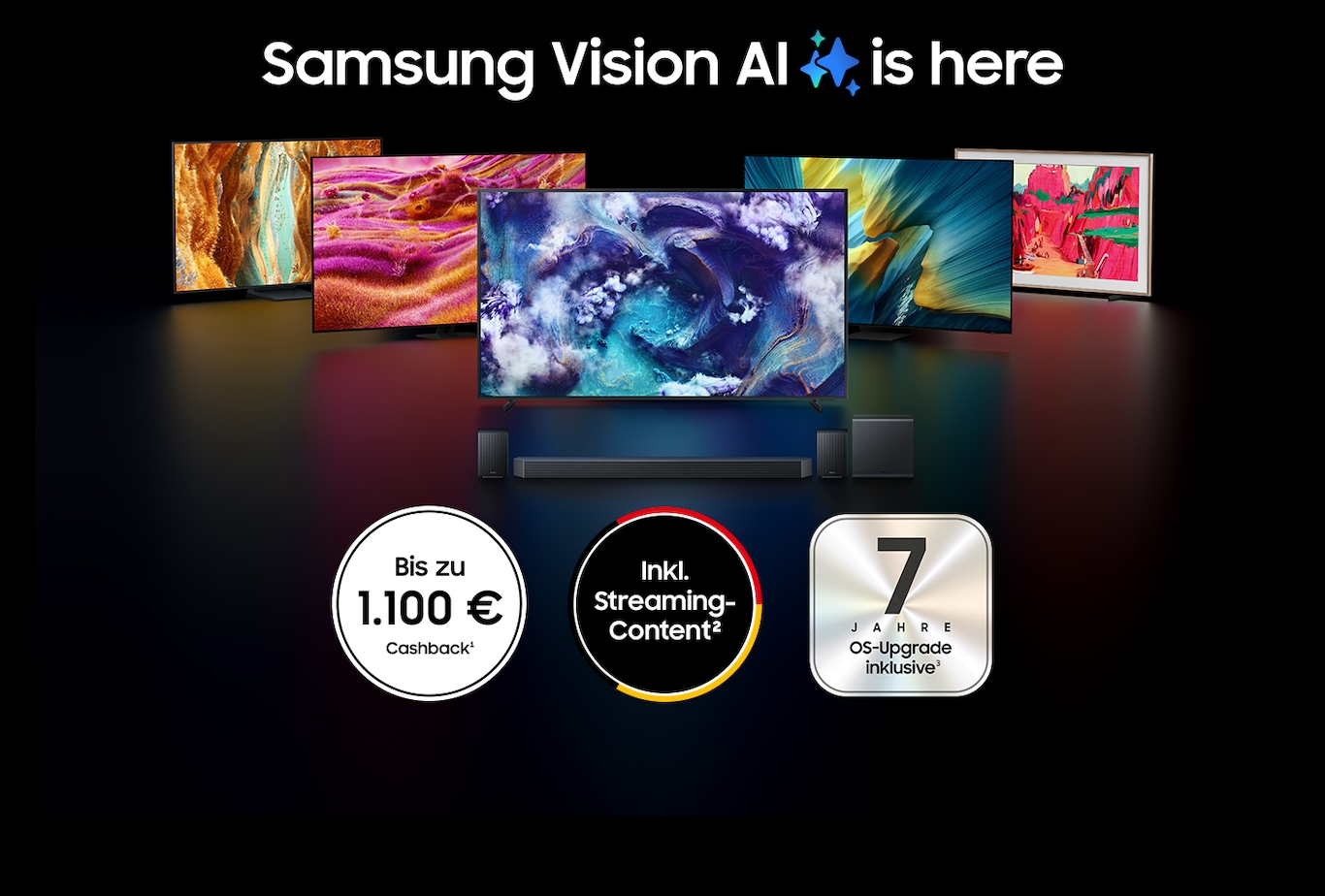 Es sind 5 Samsung Aktions-TV-Geräteund eine Soundbar abgebildet mit Angebotsinfoicons. Über die Aktionsgeräte steht Überschrift Samsung Vision AI is here.