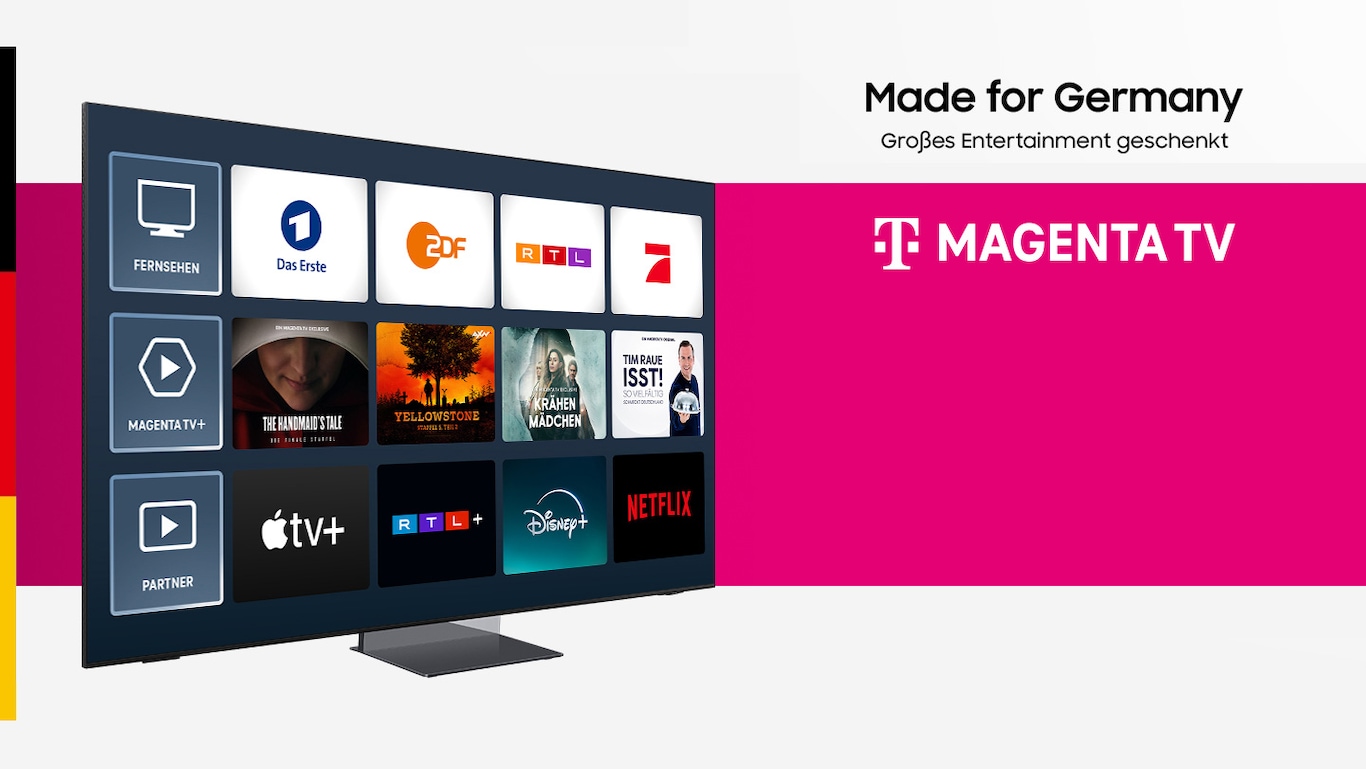 Links sieht man einen Samsung OLED mit diversen Sendern innerhalb der Magenta TV App sowie dem MagentaTV Logo auf der rechten Seite. Darüber der Schriftzug "Made for Germany - Großes Entertainment geschenkt"