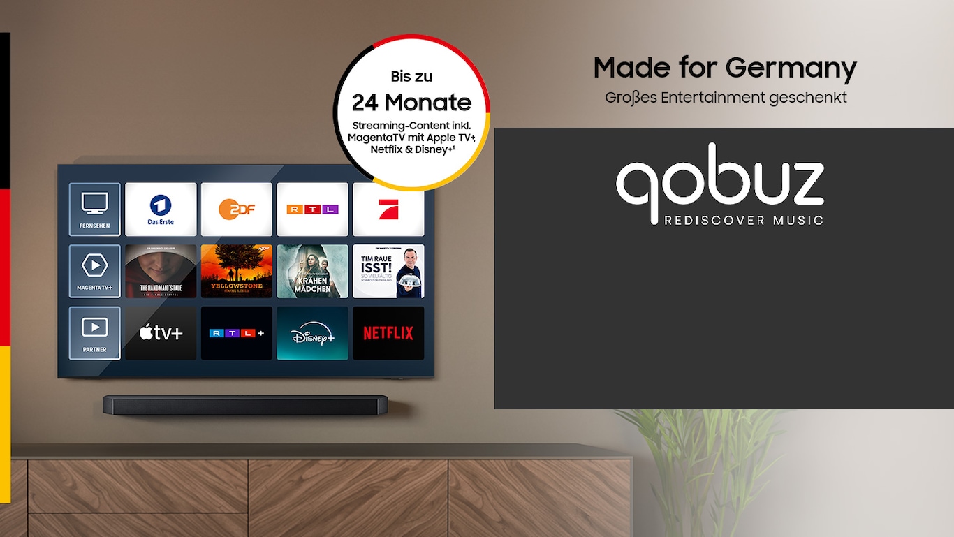 Links sieht man einen Samsung OLED mit diversen Sendern innerhalb der Qobuz App. Darüber der Schriftzug "Made for Germany - Großes Entertainment geschenkt"