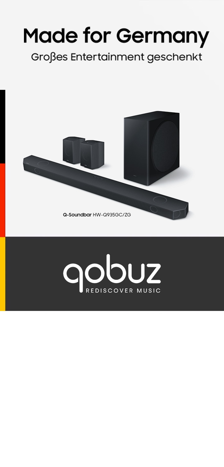 Das Qobuz Logo mit der Subline "Rediscover Music" auf dunklem Hintergrund. Darunter die Überschrift "Made for Germany - Grosses Entertainment gescehnkt" mit diversen Samsung TV/AV Produkten. 