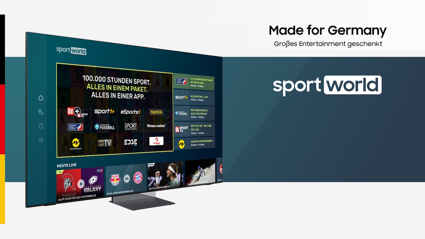 Ein Samsung S95B, der die sportworld App zeigt sowie der Schriftzug "Made for Germany - Großes Entertainment geschenkt" und darunter das sportworld Logo.
