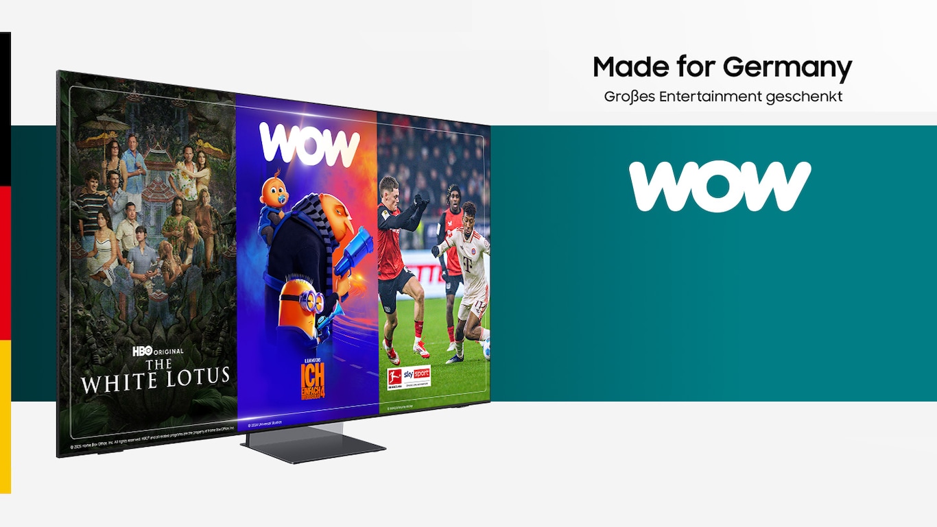 Ein Samsung TV, der den Intro Screen einer Serie und Sport-Streams mit dem WOW Logo in der rechten Ecke zeigt sowie der Schriftzug "Made for Germany - Großes Entertainment geschenkt" und darunter das WOW Logo.