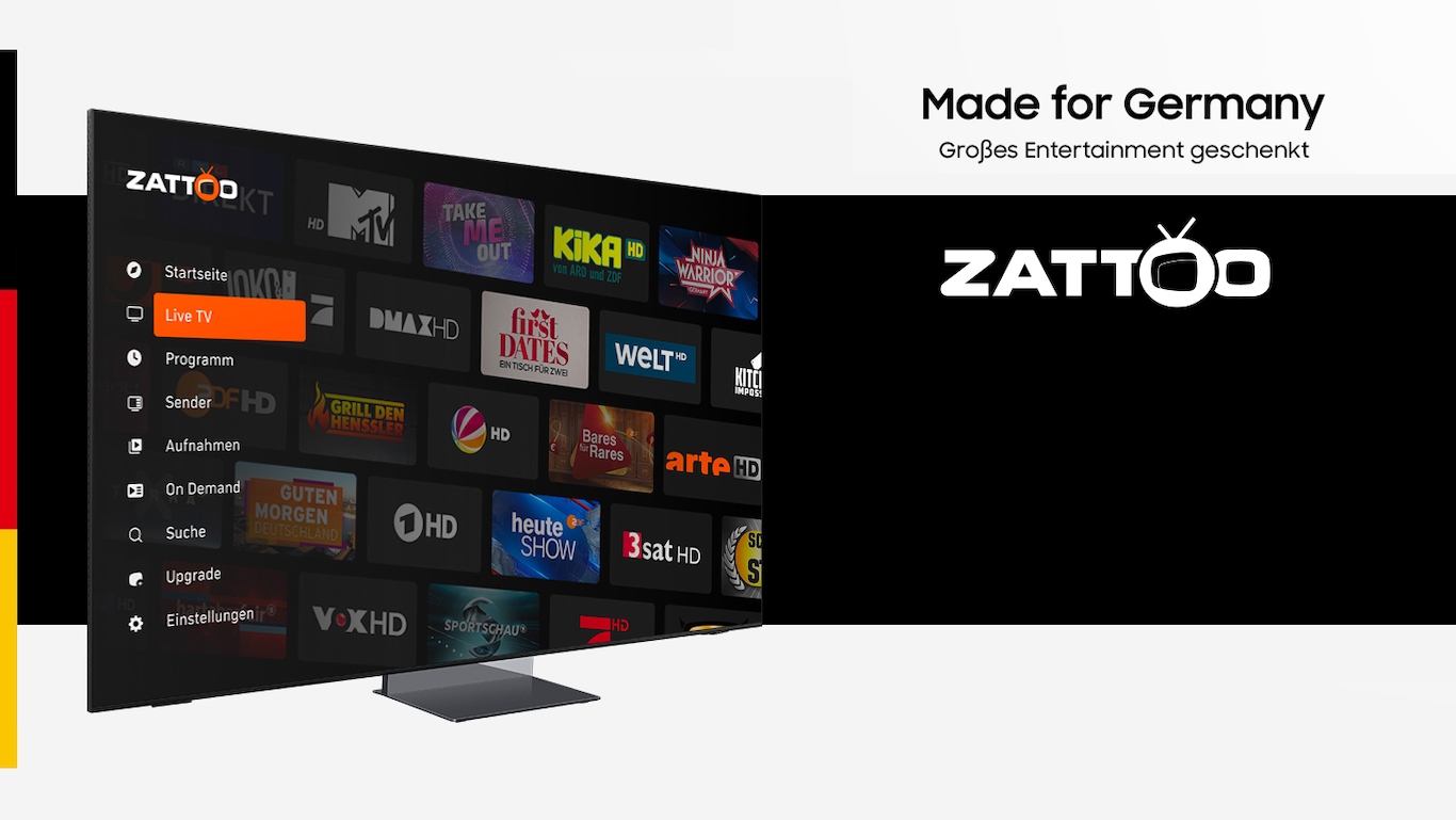 Ein Samsung TV auf dessen Screen mehrere Sender der Zattoo App abbgebildet sind. Rechts oben die Aufschrift "Made for Germany - großes Entertainment geschenkt"