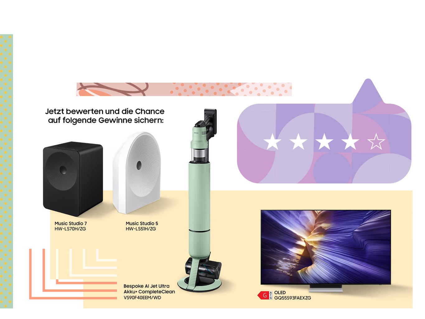 Zu sehen ist ein Beyspoke AI Jet Ultra und ein Samsung OLED TV auf einem hellen Hintergrund dargestellt. Über den Geräten ist eine Sprechblase mit einer Bewertungsskala aus Sternen platziert.
