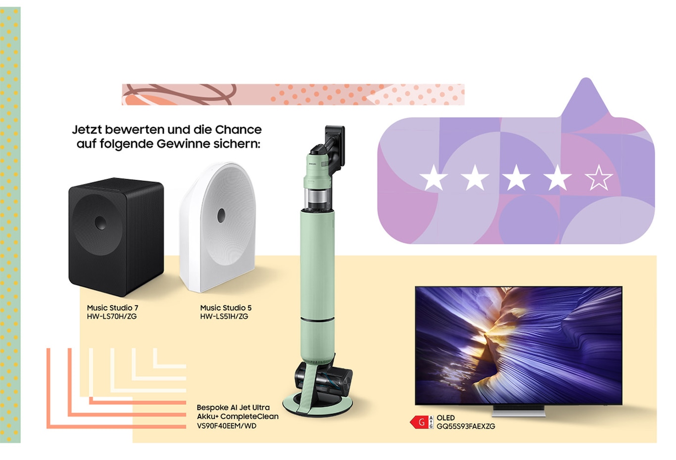 Zu sehen ist ein Beyspoke AI Jet Ultra und ein Samsung OLED TV auf einem hellen Hintergrund dargestellt. Über den Geräten ist eine Sprechblase mit einer Bewertungsskala aus Sternen platziert.