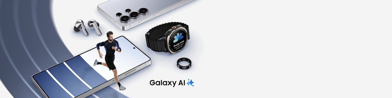 Zwei Galaxy S25 Ultra Geräte. Das vordere zeigt die Frontansicht, das hintere ist von hinten zu sehen. Oben links befinden sich die Galaxy Buds3 Pro. Auf der gegenüberliegenden Seite ist die Galaxy Watch Ultra mit dem Energy Score auf dem Display zu sehen. Eine Laufbahn ist zu sehen und wird auch auf dem vorderen Galaxy S25 Ultra angezeigt. Eine Person in Sportkleidung läuft die Bahn entlang. Unten rechts sind "Galaxy AI" und das Logo zu sehen.