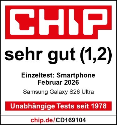 Galaxy S26 Ultra, sehr gut (1,2), veröffentlicht am 27.2.2026 unter chip.de, Einzeltest.