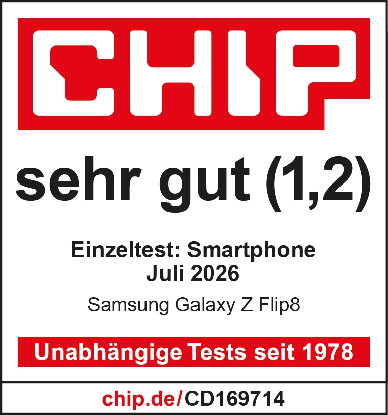 Samsung Galaxy Z Flip8, sehr gut (1,2), veröffentlicht am 31.07.2026 unter chip.de, Einzeltest.