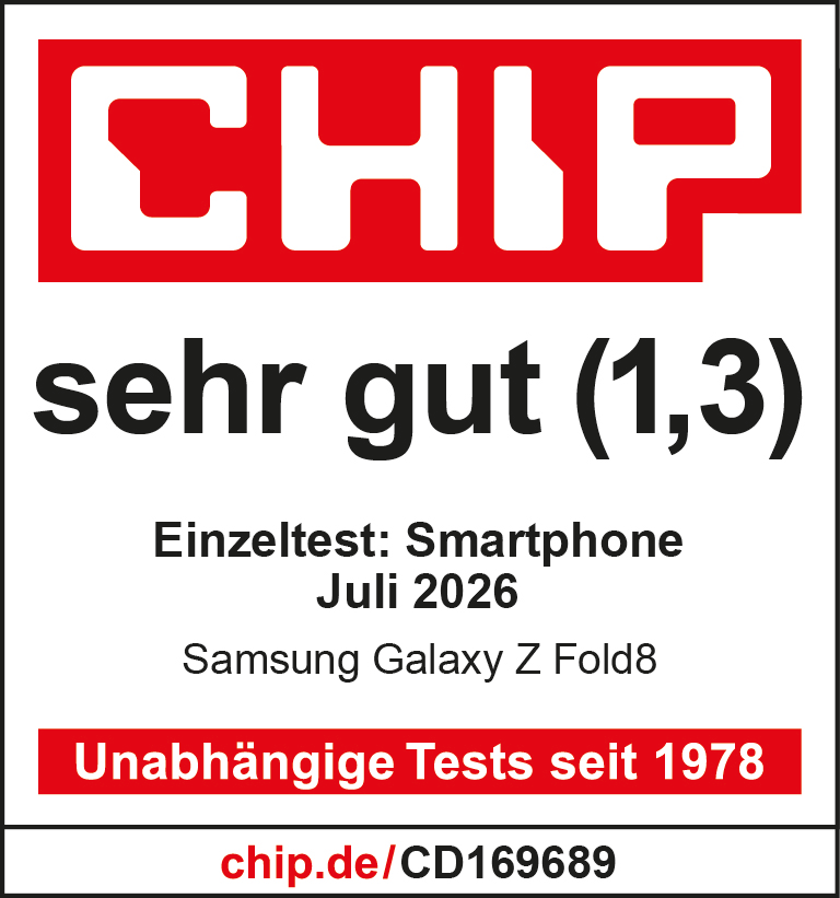 Samsung Galaxy Z Fold8, sehr gut (1,3), veröffentlicht am 29.07.2026 unter chip.de, Einzeltest.