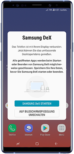 Wähle aus, ob du den DeX Modus starten oder die Bildschirmspiegelung für dein Galaxy Note (Oreo) nutzen möchtest.